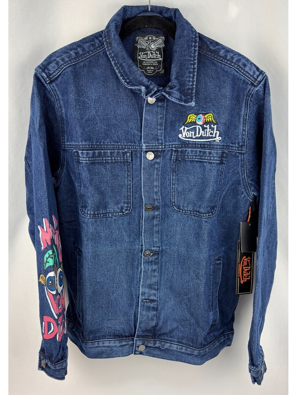 Fashion Nova x Von Dutch Patchwork Navy Denim Jacket - Size M